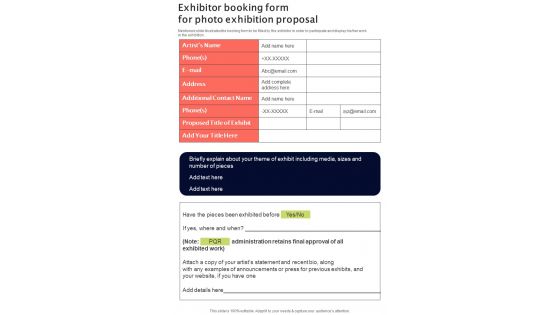 Exhibitor Booking Form For Photo Exhibition Proposal One Pager Sample Example Document