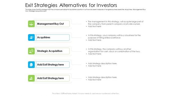 Exit Strategies Alternatives For Investors Ppt Infographics Background PDF