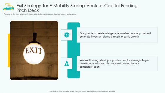 Exit Strategy For E Mobility Startup Venture Capital Funding Pitch Deck Demonstration PDF
