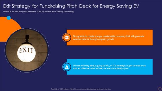 Exit Strategy For Fundraising Pitch Deck For Energy Saving EV Ppt Diagram Ppt PDF