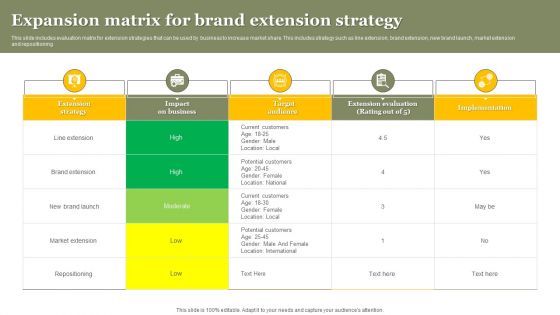 Expansion Matrix For Brand Extension Strategy Sample PDF