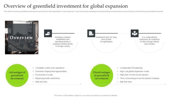 Expansion Strategic Plan Overview Of Greenfield Investment For Global Expansion Diagrams PDF