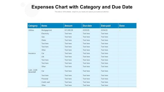 Expenses Chart With Category And Due Date Ppt PowerPoint Presentation Summary Files PDF