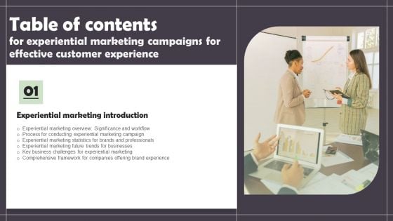 Experiential Marketing Campaigns For Effective Customer Experience Table Of Contents Inspiration PDF