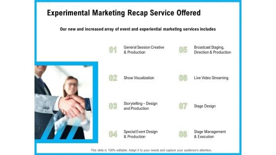 Experimental Marketing Recap Service Offered Ppt Infographic Template Influencers PDF Experimental Marketing Recap Service Offered Ppt Infographic Template Influencers PDF