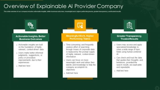 Explainable AI XAI Frameworks IT Overview Of Explainable AI Provider Company Demonstration PDF Explainable AI XAI Frameworks IT Overview Of Explainable AI Provider Company Demonstration PDF