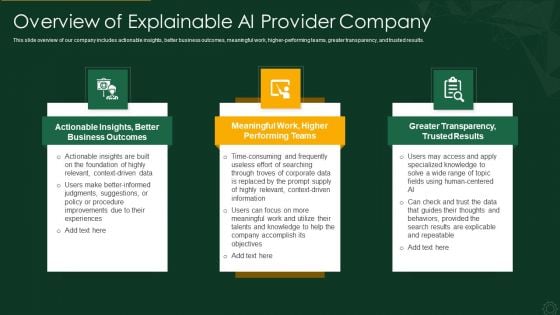 Explainable AI XAI Frameworks IT Overview Of Explainable AI Provider Company Demonstration PDF