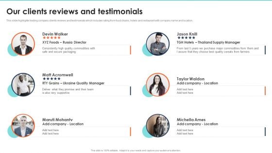 Export Management Company Profile Our Clients Reviews And Testimonials Structure PDF