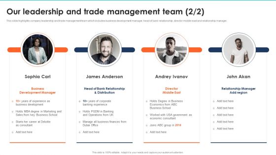 Export Management Company Profile Our Leadership And Trade Management Team Business Portrait PDF Export Management Company Profile Our Leadership And Trade Management Team Business Portrait PDF