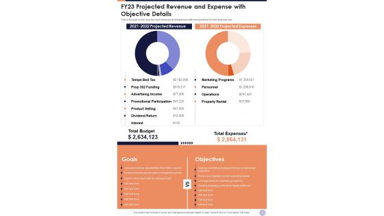 FY23 Projected Revenue And Expense With Objective Details One Pager Documents