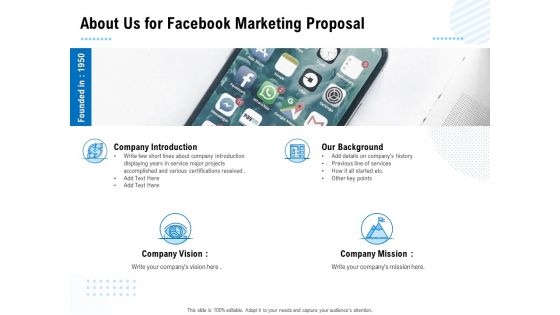 Facebook Ad Management About Us For Facebook Marketing Proposal Ppt File Aids PDF