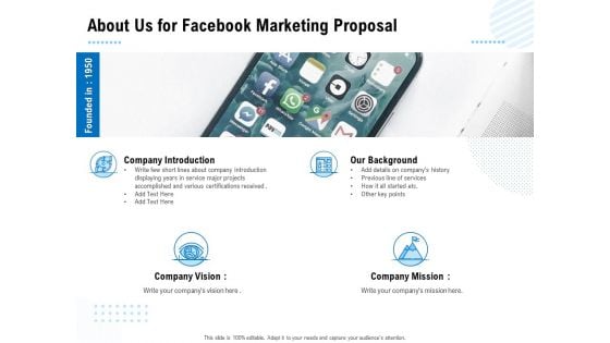 Facebook Ad Management About Us For Facebook Marketing Proposal Ppt File Aids PDF