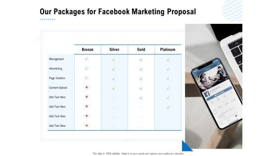 Facebook Ad Management Our Packages For Facebook Marketing Proposal Ppt Slides Themes PDF