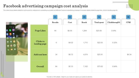 Facebook Advertising Campaign Cost Analysis Ppt PowerPoint Presentation File Example PDF