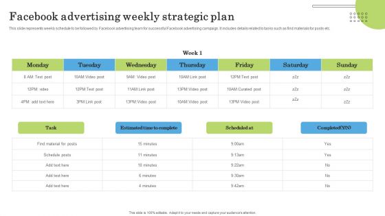 Facebook Advertising Weekly Strategic Plan Ppt PowerPoint Presentation Diagram Lists PDF