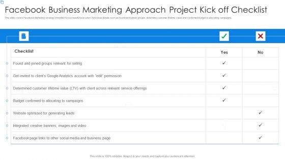 Facebook Business Marketing Approach Project Kick Off Checklist Inspiration PDF