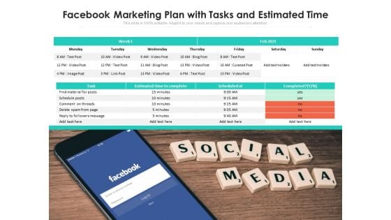 Facebook Marketing Plan With Tasks And Estimated Time Ppt PowerPoint Presentation Gallery Summary PDF