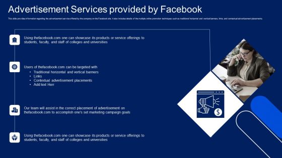Facebook Original Elevator Funding Pitch Deck Advertisement Services Provided By Facebook Graphics PDF