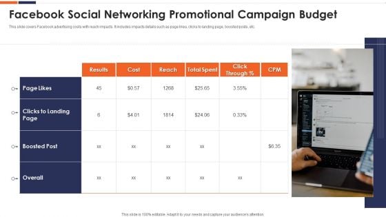 Facebook Social Networking Promotional Campaign Budget Ppt Infographics Themes PDF