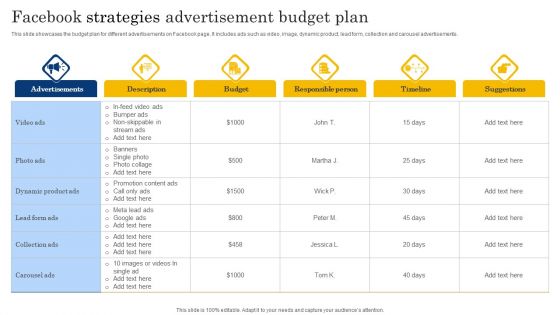 Facebook Strategies Advertisement Budget Plan Diagrams PDF