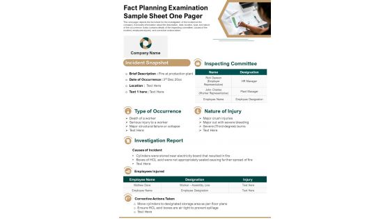 Fact Planning Examination Sample Sheet One Pager PDF Document PPT Template