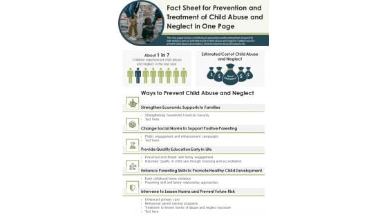 Fact Sheet For Prevention And Treatment Of Child Abuse And Neglect In One Page PDF Document PPT Template