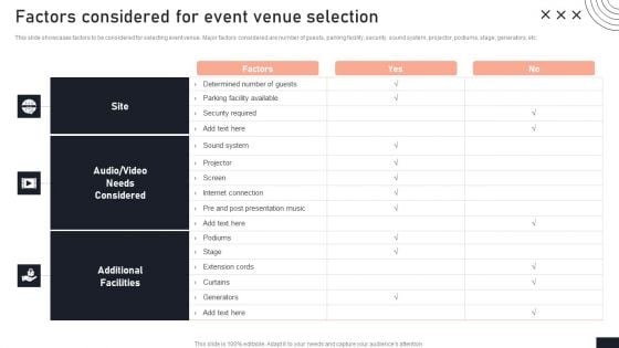 Factors Considered For Event Venue Selection Stakeholder Engagement Plan For Launch Event Structure PDF