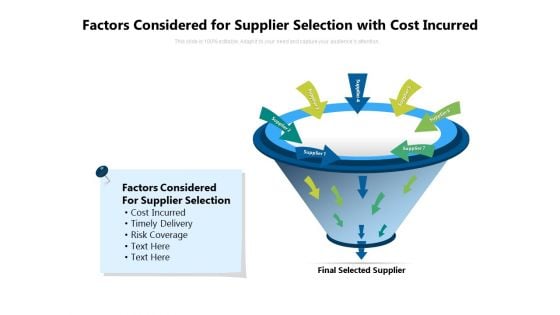 Factors Considered For Supplier Selection With Cost Incurred Ppt PowerPoint Presentation Gallery Slide PDF