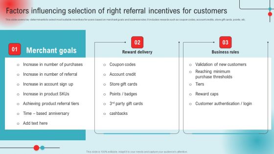 Factors Influencing Selection Of Right Referral Incentives For Customers Ppt PowerPoint Presentation Diagram PDF