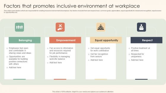 Factors That Promotes Inclusive Environment At Workplace Mockup PDF