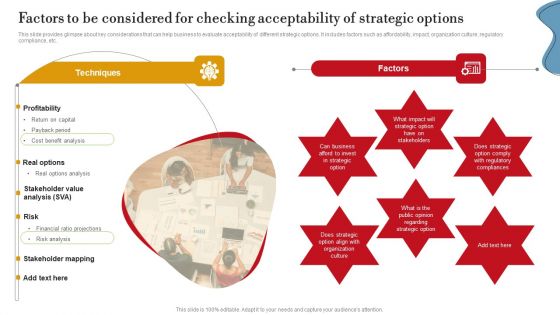 Factors To Be Considered For Checking Acceptability Of Strategic Options Mockup PDF