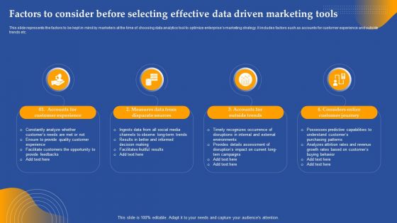 Factors To Consider Before Selecting Effective Data Driven Marketing Tools Ppt Styles Model PDF