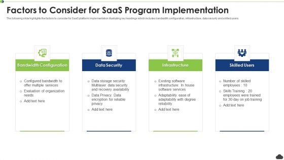 Factors To Consider For Saas Program Implementation Ppt PowerPoint Presentation File Slides PDF