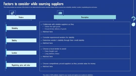 Factors To Consider While Sourcing Suppliers Slides PDF