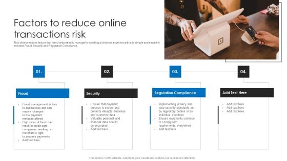Factors To Reduce Online Transactions Risk Ppt Ideas Graphics Design PDF Factors To Reduce Online Transactions Risk Ppt Ideas Graphics Design PDF
