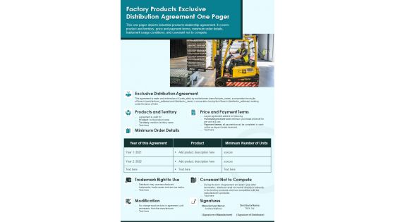 Factory Products Exclusive Distribution Agreement One Pager PDF Document PPT Template