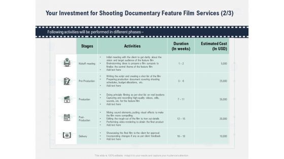 Factual Picture Filming Your Investment For Shooting Documentary Feature Film Services Cost Background PDF