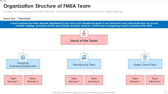 Failure Methods And Effects Assessments FMEA Organization Structure Of FMEA Team Icons PDF