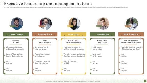 Farming Business Company Profile Executive Leadership And Management Team Ideas PDF