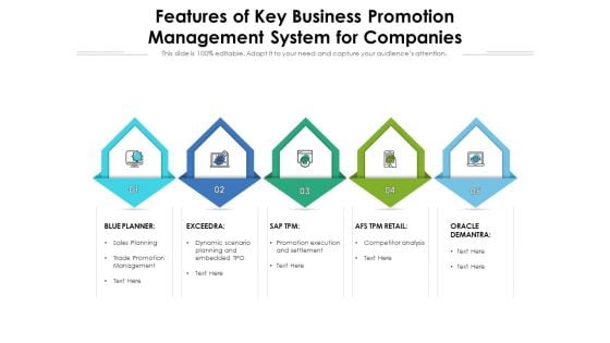 Features Of Key Business Promotion Management System For Companies Ppt PowerPoint Presentation Infographic Template Professional PDF