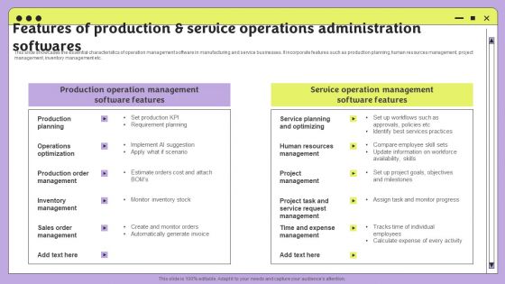 Features Of Production And Service Operations Administration Softwares Background PDF