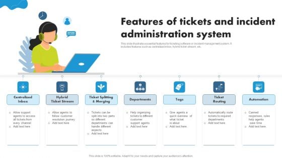 Features Of Tickets And Incident Administration System Ppt PowerPoint Presentation Layouts Designs Download PDF