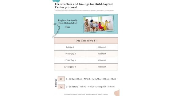 Fee Structure And Timings For Child Daycare Center Proposal One Pager Sample Example Document