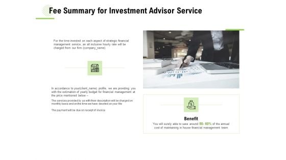 Fee Summary For Investment Advisor Service Ppt File Icons PDF