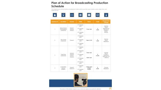 Film And Broadcasting Proposal Plan Of Action For Broadcasting Production Schedule One Pager Sample Example Document