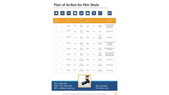 Film And Broadcasting Proposal Plan Of Action For Film Shots One Pager Sample Example Document