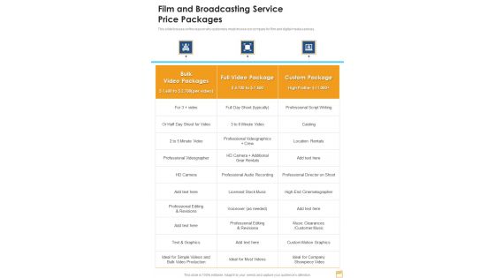 Film And Broadcasting Service Price Packages One Pager Sample Example Document