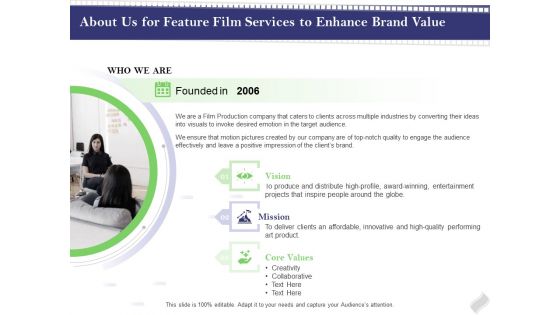 Film Branding Enrichment About Us For Feature Film Services To Enhance Brand Value Diagrams PDF