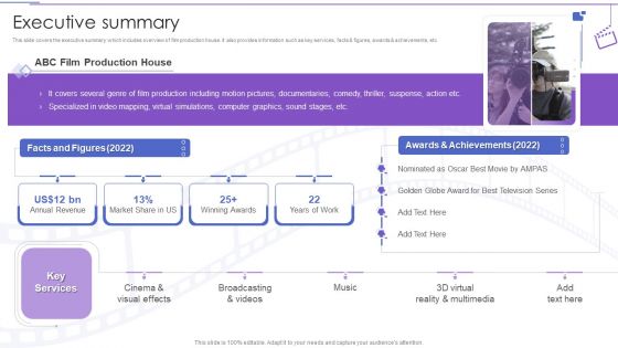 Film Making Company Outline Executive Summary Ppt PowerPoint Presentation Styles Graphics Download PDF