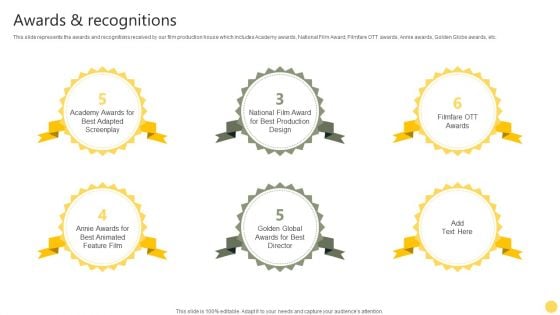 Film Making Firm Profile Awards And Recognitions Ppt PowerPoint Presentation Icon Portfolio PDF